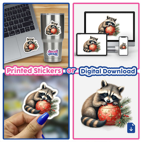 Raccoon Sleeping on Christmas Ornament depicted in a collage of stickers and digital art, showcasing the raccoon holding red ornaments, ideal for customizing laptops, cups, and more.