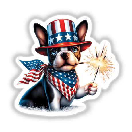 Boston Terrier Dog Holding Sparkler 4th of July Patriotic