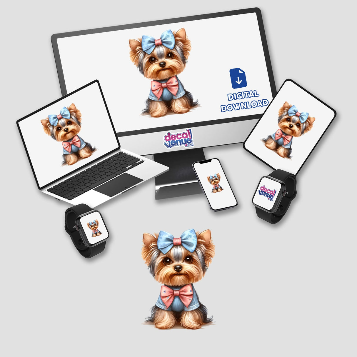 Sitting Pretty Yorkie Dog with Bows - Digital artwork featuring a cute Yorkshire Terrier dog wearing colorful bows, showcased across various digital devices.