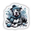 Snowy Winter Bundled up Pitbull Dog illustration featuring a pitbull wearing a hat and scarf, available as stickers or digital artwork.