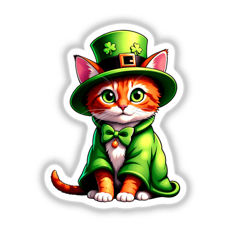 St. Patrick's Day Kitten illustrated as a cartoon cat with a leprechaun hat, available as stickers or digital artwork.