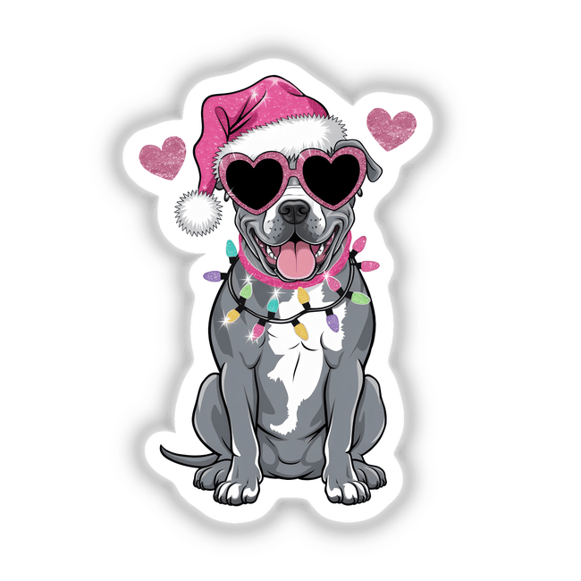 Christmas Santa Pink Pitbull Bully Dog in Lights: A cartoon dog wearing a Santa hat and sunglasses, adorned with Christmas lights, available as stickers or digital artwork from Decal Venue.