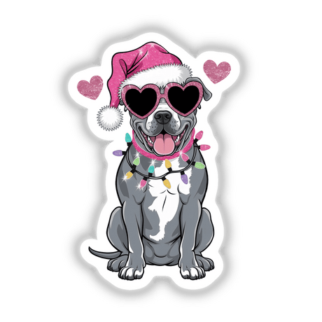 Christmas Santa Pink Pitbull Bully Dog in Lights: A cartoon dog wearing a Santa hat and sunglasses, adorned with Christmas lights, available as stickers or digital artwork from Decal Venue.