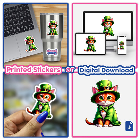 St. Patrick's Day Kitten sticker on a laptop, depicting a cartoon cat in a green hat and jacket, emphasizing Decal Venue's unique sticker and digital art offerings.