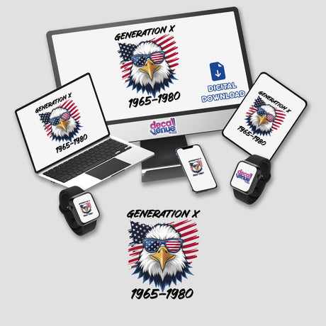 Digital American Flag Eagle Generation X (Gen X) 1965-1980 artwork featuring the American flag, eagle symbol, and "Generation X" text placed on various digital devices like laptop, phone, and smartwatch.