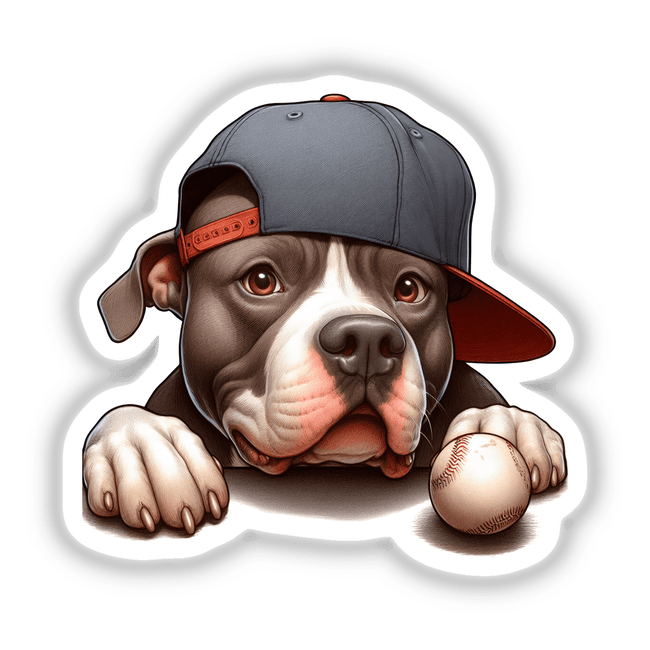 Pitbull dog wearing baseball cap peeking out from behind baseball