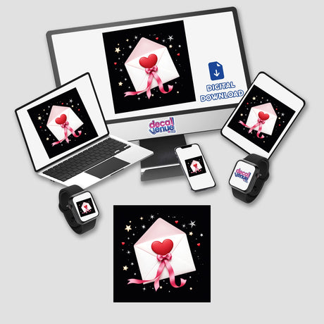 White Envelope with Red Heart Seal and Pink Ribbon displayed on a laptop screen, part of Decal Venue's unique stickers and digital artwork collection.