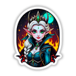 An Evil Queen Anime Girl illustration featuring a woman with long white hair, green eyes, and a crown, available as stickers or digital artwork.