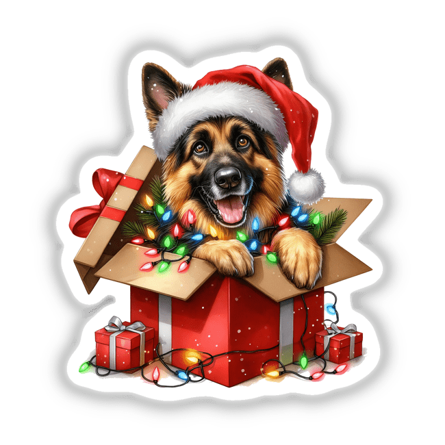 Christmas Lights Santa German Shepherd in Gift Box II features a German Shepherd wearing a Santa hat, surrounded by Christmas lights in a festive gift box. Available as stickers or digital artwork.