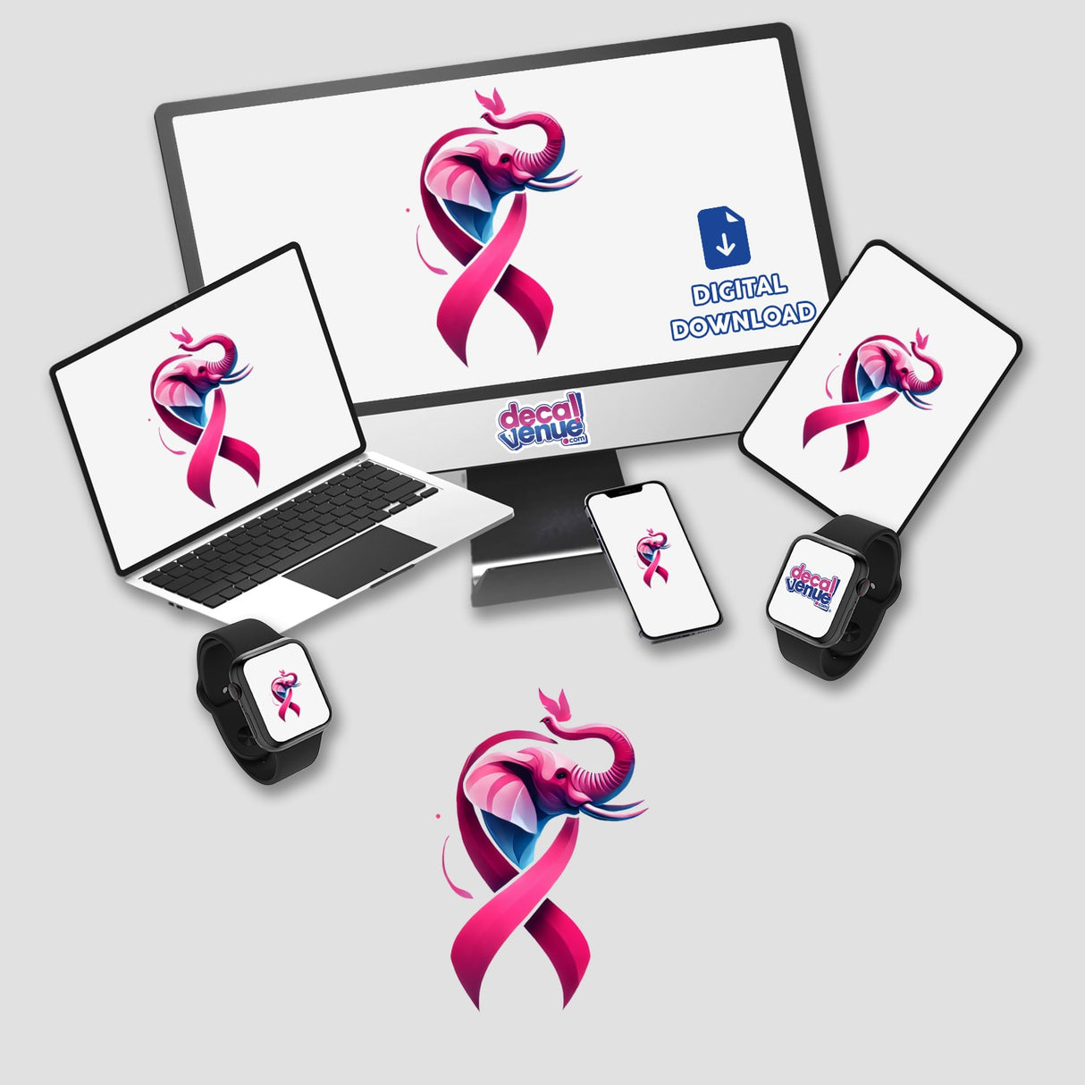 Elephant Pink Ribbon Breast Cancer stickers or digital artwork featuring a laptop, monitor, tablet, and smart watch displaying a pink ribbon and elephant design.