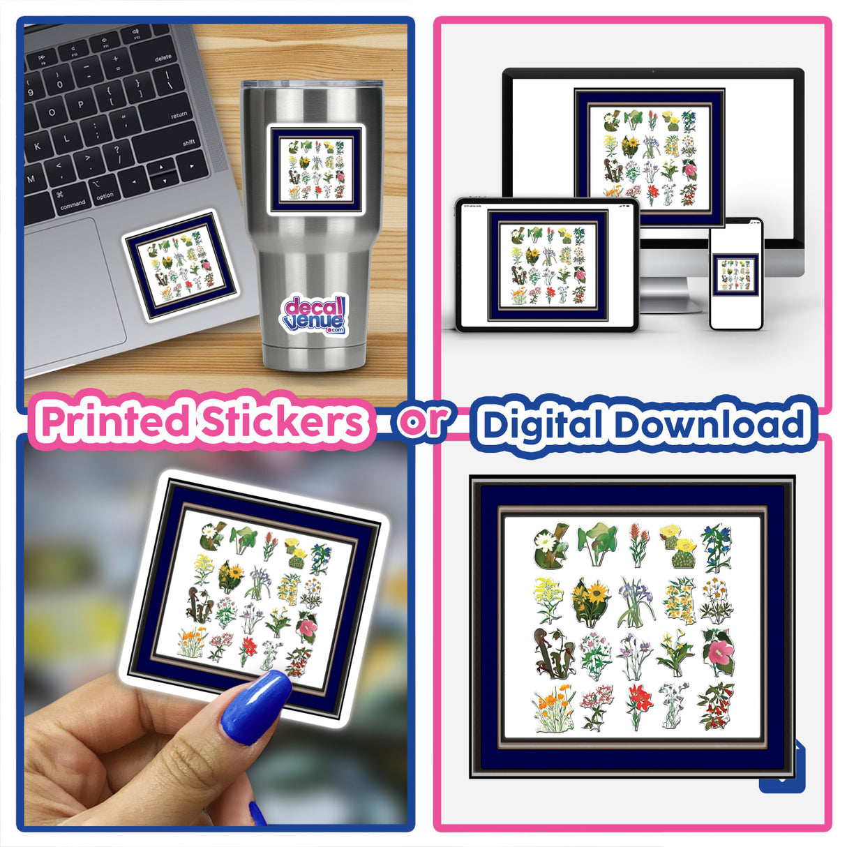 Collage featuring laptops and tablets displaying American Wild Flowers stickers or digital artwork, with close-up images of framed flowers, highlighting the intricate design and artistic detail.