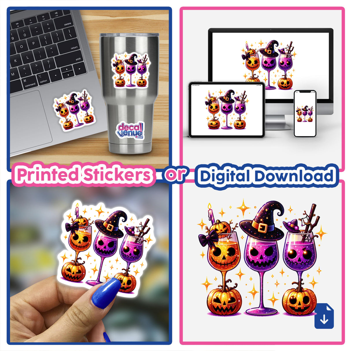 Halloween Wine Glasses stickers displayed on a laptop, showcasing whimsical designs like a skull-faced wine glass and purple drink.