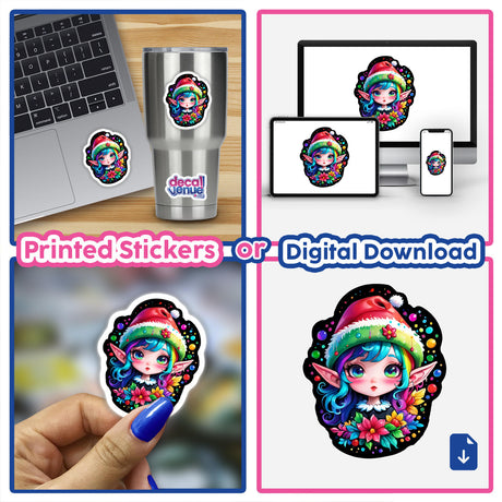 Santa's Little Helper: Kawaii Elf stickers and digital artwork featuring a cute cartoon character with colorful hair and a hat, shown in various settings like laptops, cups, and hands.