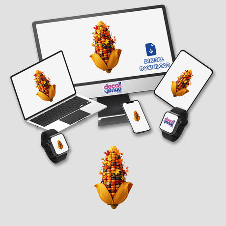 Thanksgiving Harvest Corn Knit Fabric Style design displayed on various devices, available as stickers or digital artwork, featuring corn imagery prominently.