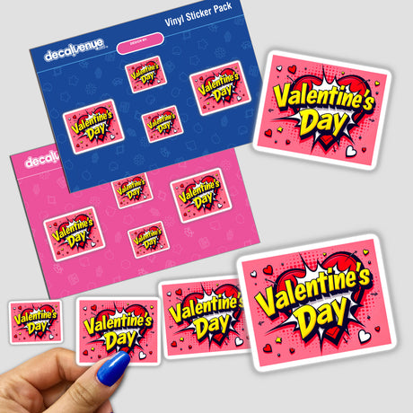 Valentine's Day Love Heart stickers showcased in a hand, featuring heart designs and text, ideal for personalizing items or as digital artwork from Decal Venue.