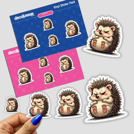 Cute Grumpy Hedgehog Cartoon Art stickers featuring various cartoon hedgehogs in different poses. Available as physical stickers or digital artwork.