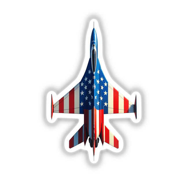 A Cool American Flag Fighter Jet depicted with stars and stripes, available as stickers or digital artwork, showcasing unique design elements from Decal Venue.