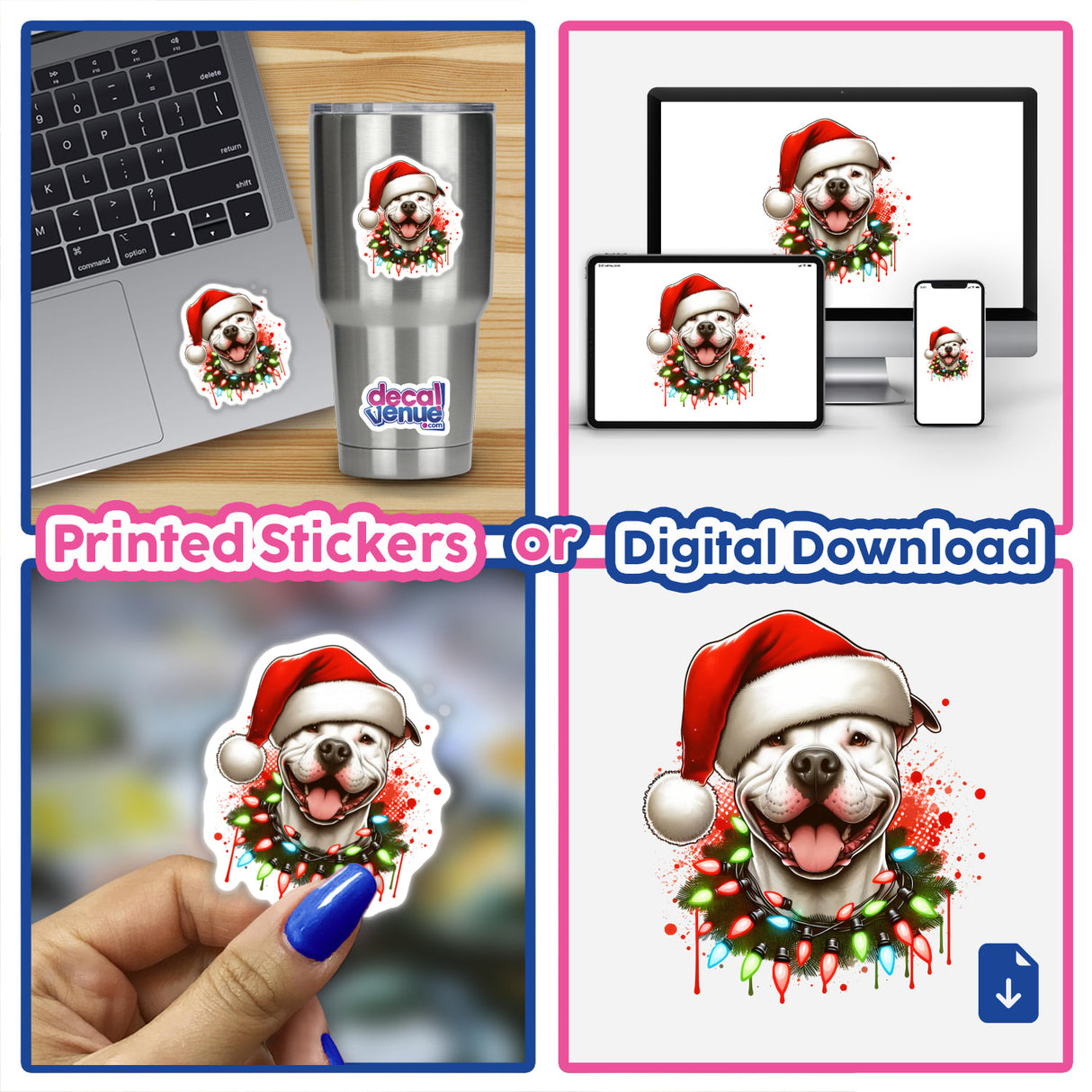 White Pitbull Santa in Christmas Lights sticker on a laptop, featuring a cartoon dog adorned with a Santa hat and festive lights, available as stickers or digital artwork.