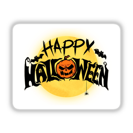 Happy Halloween sticker featuring a cartoon pumpkin and bats against a yellow moon, perfect for festive decor or digital artwork.