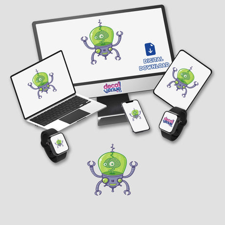 Brainbot Robot with Brain sticker featuring a cartoon robot on various digital screens, showcasing its playful design ideal for laptops, tablets, and more, available at Decal Venue.