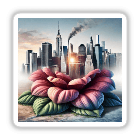 Metropolis Bloom - A City Skyline Growing from a Flower, depicted with a flower and leaves in the foreground and a stylized cityscape with skyscrapers in the background. Available as Stickers or Digital Artwork.