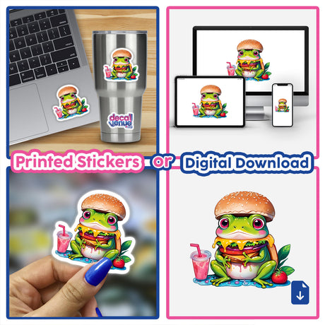 Froggie Burger Delight: A collage featuring stickers and digital artwork of a cartoon frog with a burger and drink, perfect for laptops or cups.