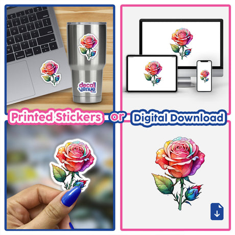 Collage featuring a laptop adorned with a Vibrant Rose and Bud Sticker Design, along with close-ups of the sticker on various surfaces, showcasing its detailed and colorful floral artwork.