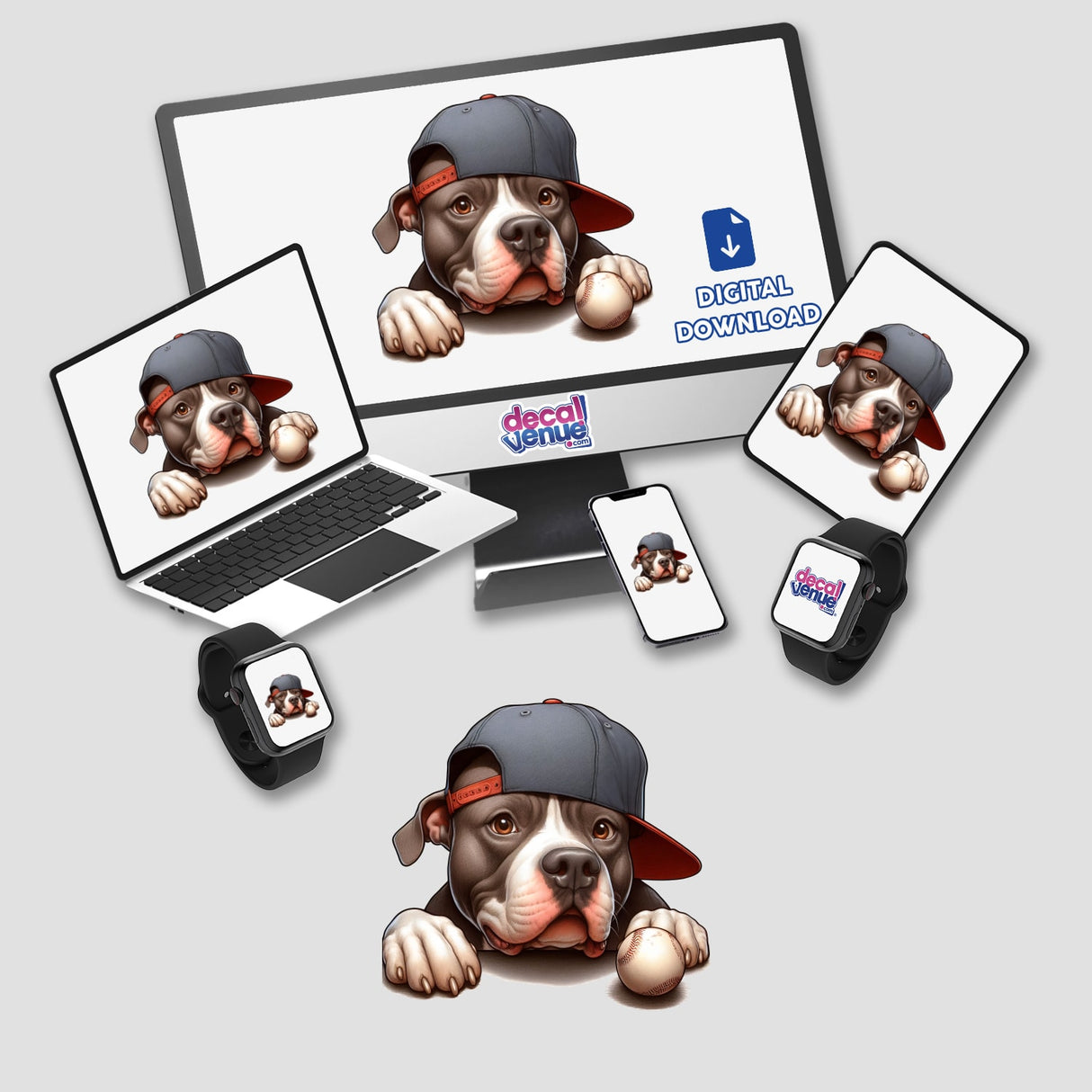 Cute Pitbull dog wearing a baseball cap peeking out from various digital devices like laptops, smartphones, and smartwatches. The image promotes a digital artwork product from the Decal Venue store featuring this playful Pitbull design.