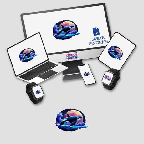 A Cute Magical Orca design displayed on a computer monitor and laptop screen, available as stickers or digital artwork from Decal Venue.