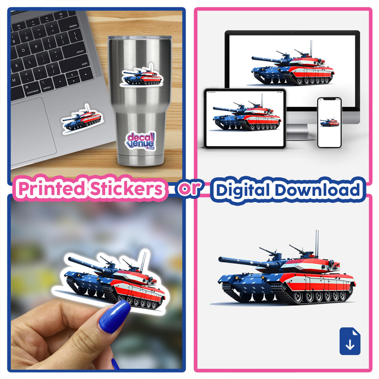 A Cool American Flag Army Tank sticker featuring stars and stripes, available as a digital artwork. Perfect for laptop decoration, reflecting Decal Venue's unique style.