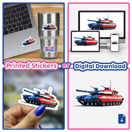 A Cool American Flag Army Tank sticker featuring stars and stripes, available as a digital artwork. Perfect for laptop decoration, reflecting Decal Venue's unique style.