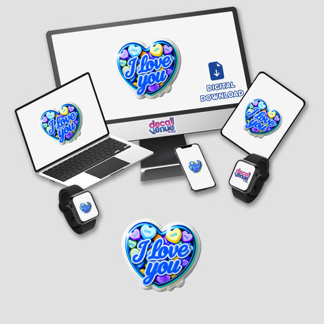 I Love You Valentine's Day Heart design displayed on a computer monitor and laptop, available as stickers or digital artwork, featuring a heart-shaped sticker prominently.