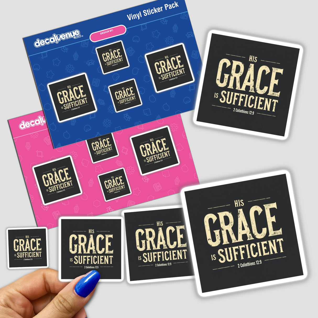 Hand holding His Grace is Sufficient sticker pack, inspired by 2 Corinthians 12:9, showcasing uplifting Christian affirmation available as stickers or digital clipart.