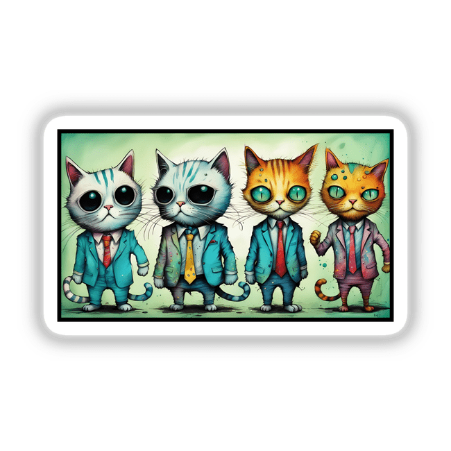 Crazy Cool Cats in Suits illustration featuring cartoon cats dressed in suits and ties, available as stickers or digital artwork from Decal Venue.