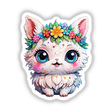 Adorable Fluffy White Creature Sticker featuring a cute kawaii animal design with blue eyes, pink nose, and colorful flowers on its head. Available as stickers or digital artwork.