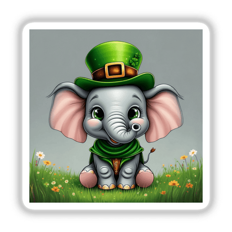 a little elephant wearing a green hat and scarf