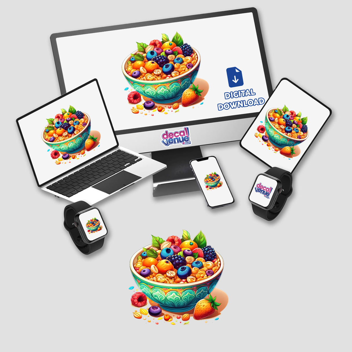 Fruity cereal digital artwork displayed on a computer monitor and laptop, featuring a bowl of cereal with fruits. Available as stickers or digital artwork.