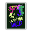 Join The Wild With Bigfoot poster featuring a bold silhouette of Bigfoot, available as stickers or digital artwork, perfect for fans of unique decals and creative designs.