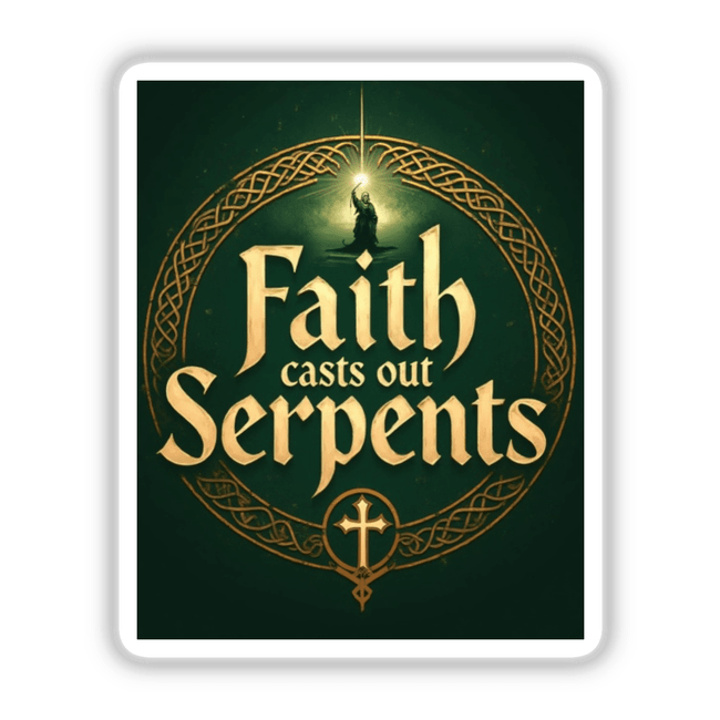 Faith Casts Out Serpents - Christian St. Patrick’s Day Sticker or Clipart, depicting a logo with a person holding a light, available as stickers or digital artwork from Decal Venue.