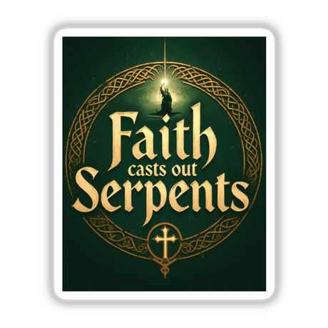 Faith Casts Out Serpents - Christian St. Patrick’s Day Sticker or Clipart, depicting a logo with a person holding a light, available as stickers or digital artwork from Decal Venue.