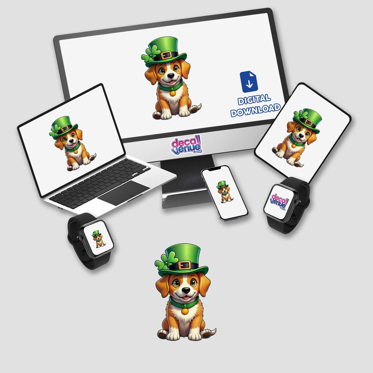 St. Patrick's Day Puppy cartoon on various screens, including a laptop, monitor, and tablet, showcasing the design available as stickers or digital artwork from Decal Venue.