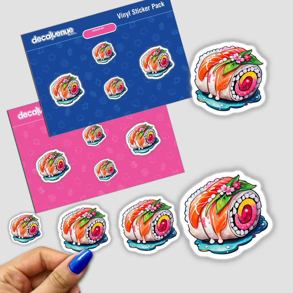 Sushi Delight: Cute Watercolor Sushi Roll Sticker being held, featuring various sushi roll cartoon stickers in a pack. Available as Stickers or Digital Artwork.