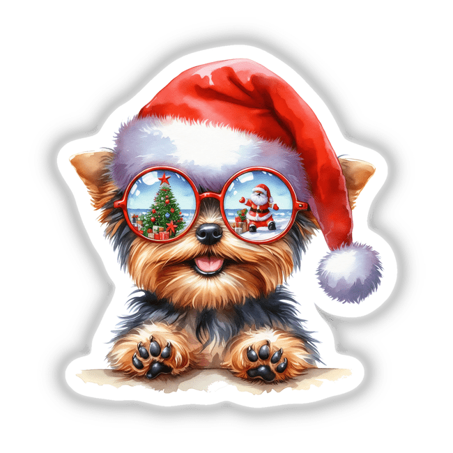 Christmas Santa Yorkie with Sunglasses: A Yorkie dog wearing sunglasses and a Santa hat, capturing a playful and festive spirit. Available as stickers or digital artwork.