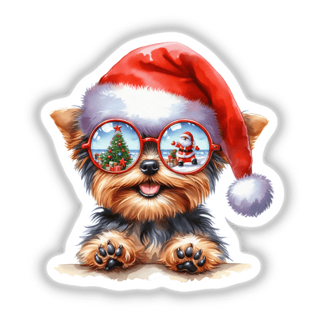 Christmas Santa Yorkie with Sunglasses: A Yorkie dog wearing sunglasses and a Santa hat, capturing a playful and festive spirit. Available as stickers or digital artwork.