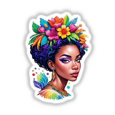 Regal African Queen Flower Crown Sticker featuring a woman with colorful hair adorned with flowers, emphasizing a vibrant boho kawaii design. Available as stickers or digital artwork.