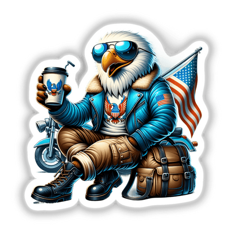 Patriotic eagle in motorcycle gear with coffee cup, American flag, and sunglasses