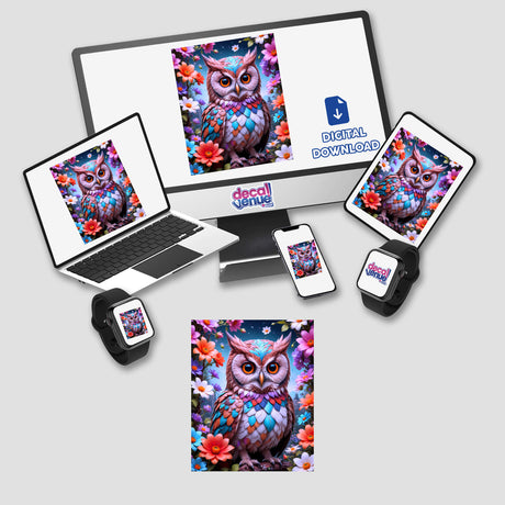 A Lovely Owl With Blooming Flowers displayed on various devices, showcasing its availability as stickers or digital artwork.