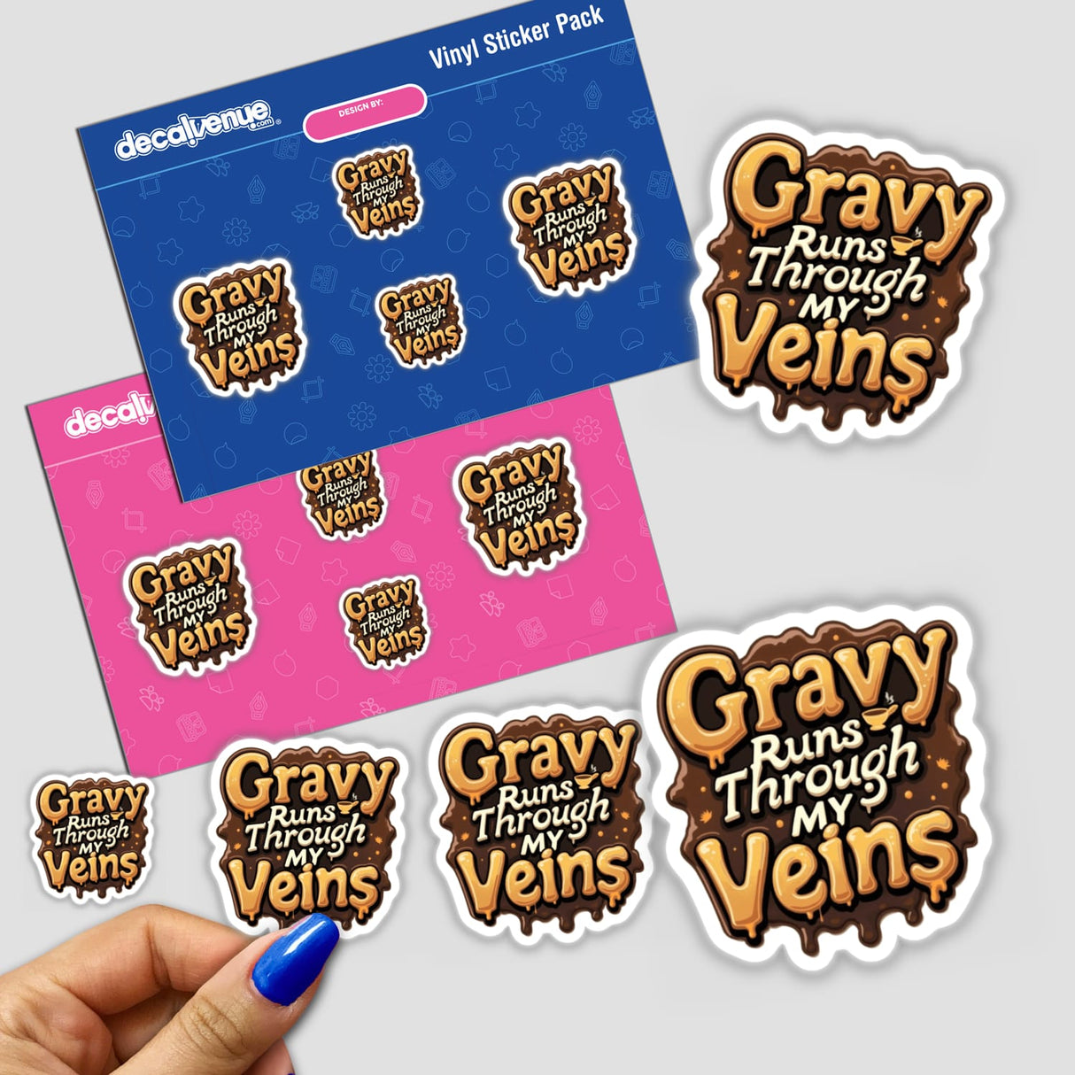 Hand holding Gravy Runs Through My Veins funny Thanksgiving sticker, showcasing a playful design available as both physical stickers and digital artwork, perfect for holiday-themed decoration or commercial use.