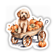 Autumn Cockapoo Clipart: Cute dog in a pumpkin wagon, perfect for stickers and digital download, showcasing a charming dog amidst pumpkins in a rustic wagon.