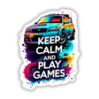 Keep Calm And Play Games Gaming Quote showcased on a vibrant car decal, highlighting automotive graphics and design elements. Available as stickers or digital artwork, reflecting Decal Venue's unique product range.